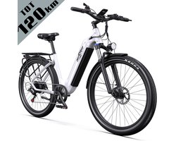Onesprot Elektrische stadsfiets - 120 km actieradius - 655Wh accu - Lage instap aluminium frame - 250W motor - Hydraulische schijfremmen - Shimano 7 versnellingen - Wit