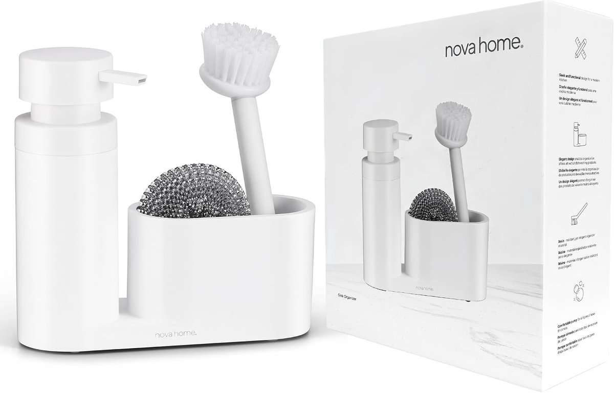 SnelShoppen - Modern Afwas Organiser met Zeepdispenser, Roestvrijstalen Borstel en Krasbestendige Spons, Wit, Keuken Accessoires