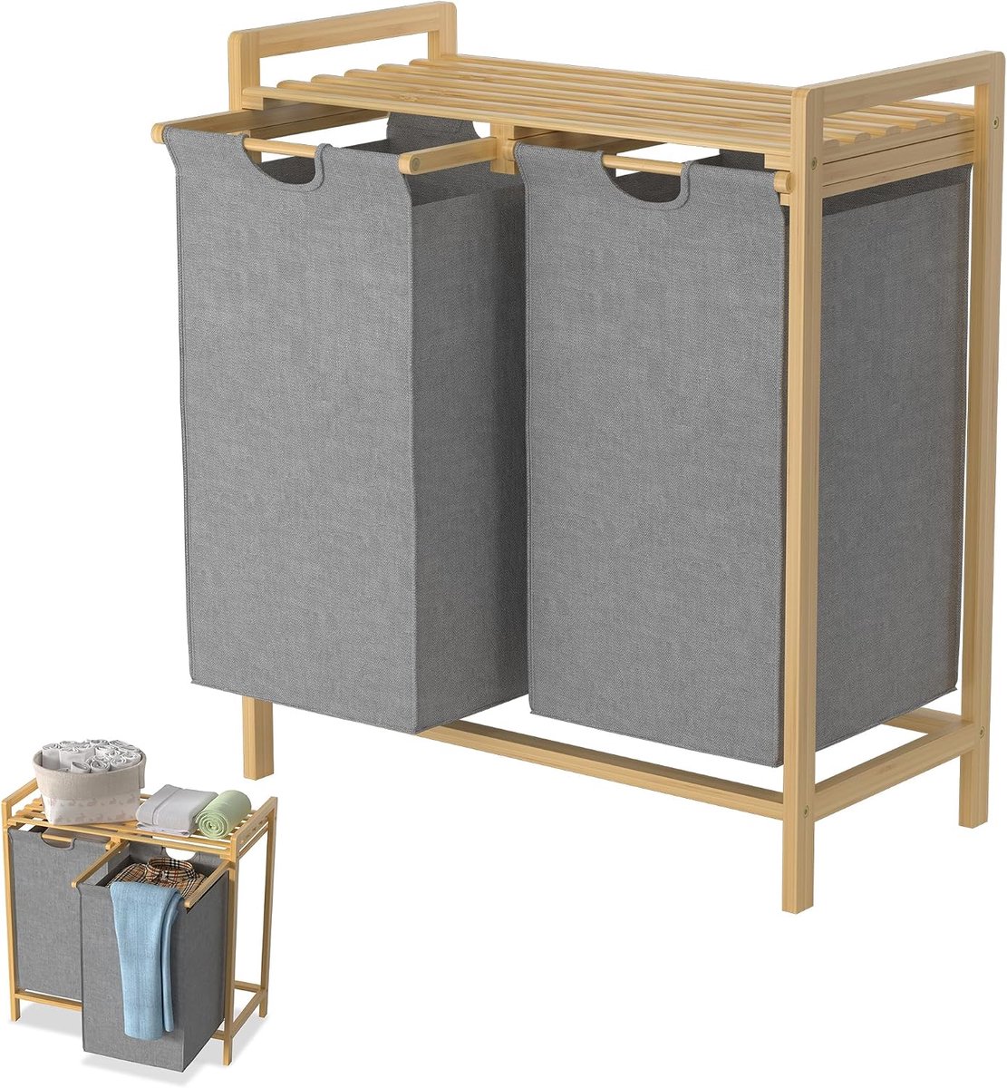Wasmand 2 Vakken met 2 uittrekbare 36L Waszakken, Bamboe-frame, Waszak, Wasbox, Wassorteerder, Wasbehaalder 73 x 64 x 33,5cm