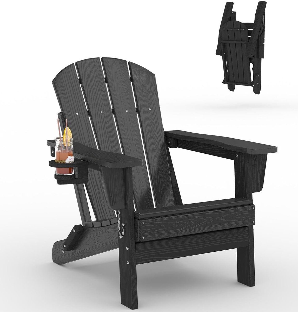 HDPE Adirondack Stoel 1 Stuk - Loungestoel Buiten met Bekerhouder - HDPE Tuinstoel - All Weather Weerbestendig - Voor Terras Balkon Tuin - Zwart