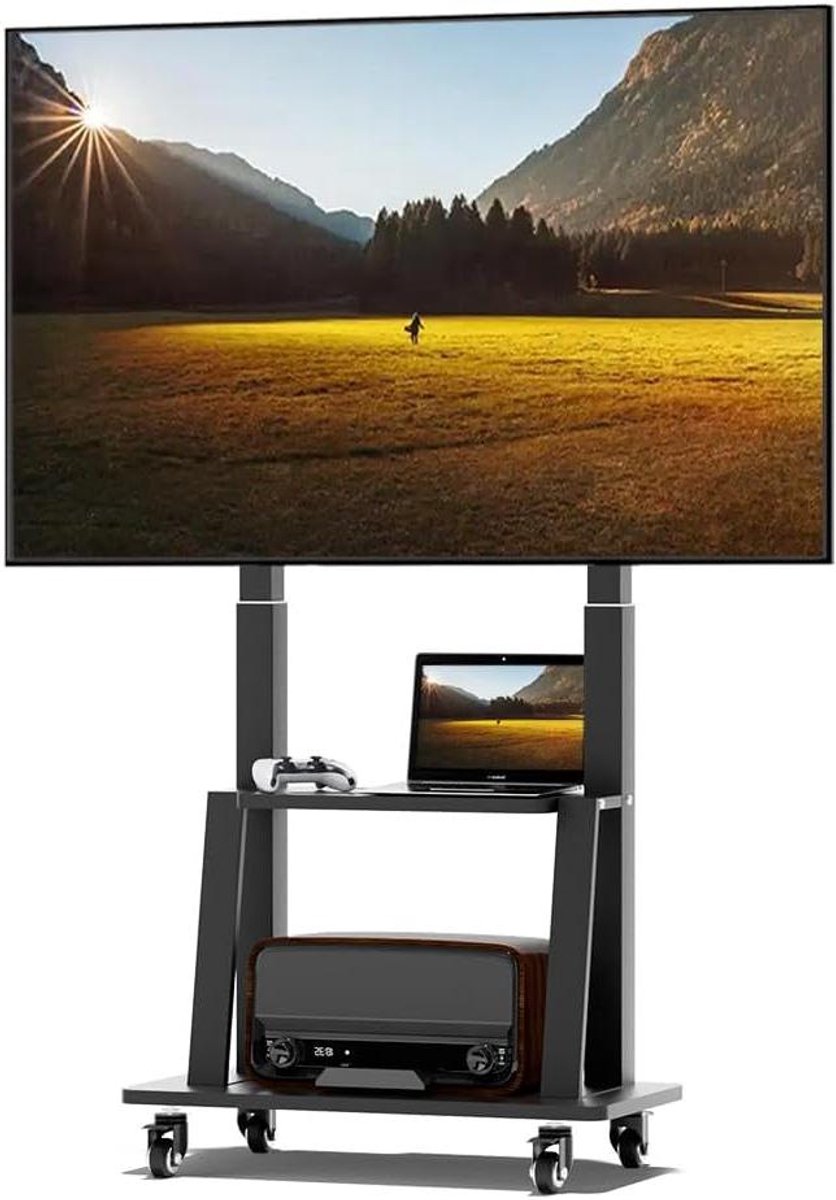 Draagbare TV Standaard - TV Kar met Wielen - Televisie Presenteren - In Hoogte Verstelbaar - 32-75 Inch - Zwart