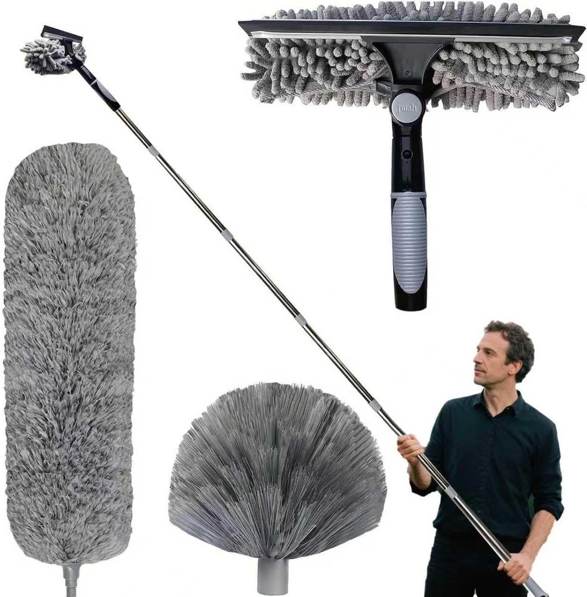 Stofdoek Telescoop 6m - Reinigingsset met Uitschuifbare Stang 1,5-4,9m - Microfiber Stofwisser & Spinnenwebbezem - 3-in-1 Wasbaar - voor Binnen & Buiten - 1 Set