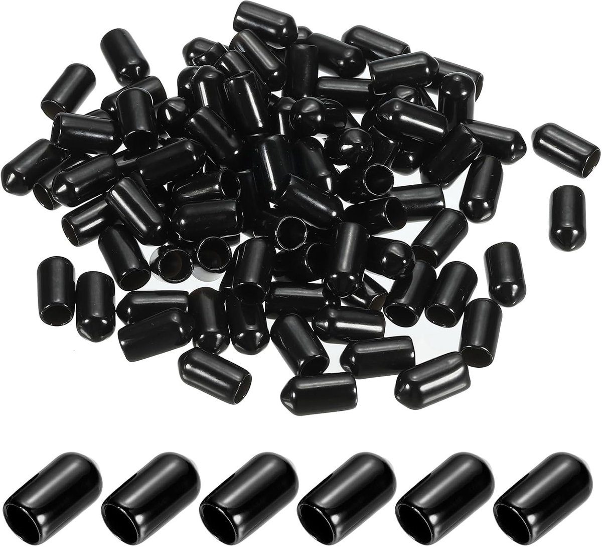 6,5 mm vinyl rubberen eindkappen, verpakking van 150 flexibele boutschroefdeksels, ronde draadbeschermkappen voor metalen buisstangbouten, zwart