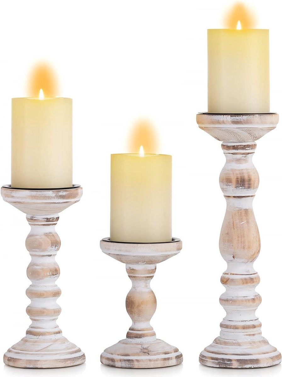 Houten Kandelaars - Kaarsenhouder Set - Woondecoratie - Rustieke Boerderijstijl - 3 stuks 15/21/30cm - Witgekalkt