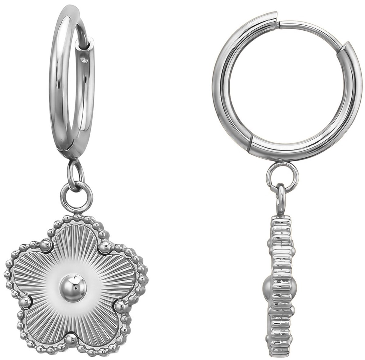 Joy Ibiza - bloem oorbellen - bloem bedel oorringen - 15 mm met klap scharnier sluiting - diamond cut met dots randje - chirurgisch staal - ear party boho - bohemian style - ip/pvd t65