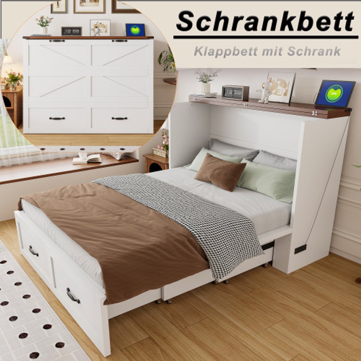 Opklapbed 140 x 200 cm - Met opbergruimte - Met uitschuifbed - Met kledingkast - Met wielen - Wit