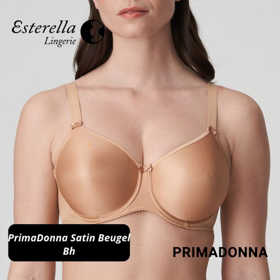 Nude-kleurige PrimaDonna Satin Beugel Bh met strikjes en de tekst 'PrimaDonna'.