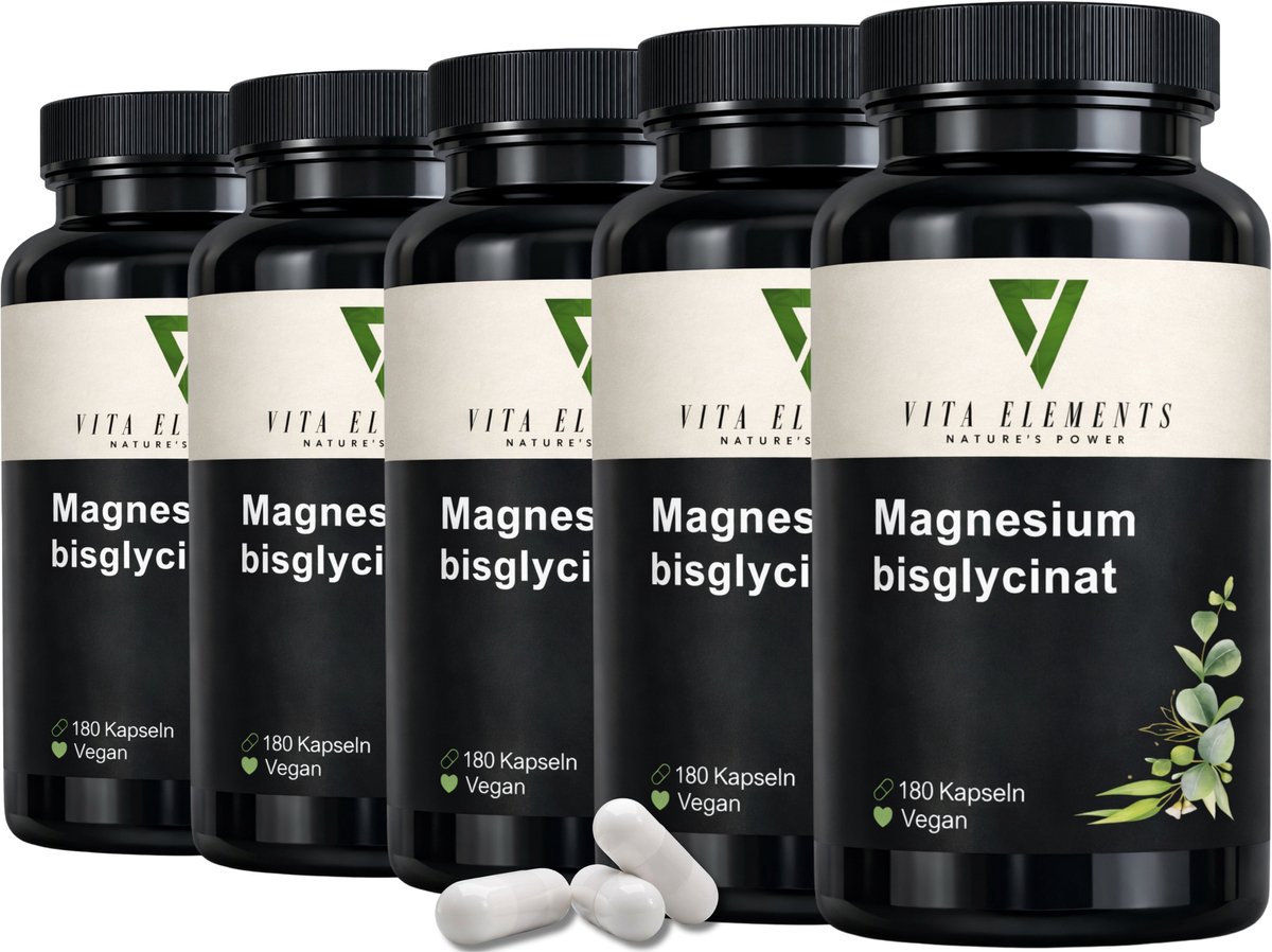 Vita Elements Magnesium Bisglycinaat Capsules - 300 mg Magnesium per Dagdosis - Beter Opneembaar - Veganistisch - GGO-vrij - 180 Capsules voor Spieren Set van 5
