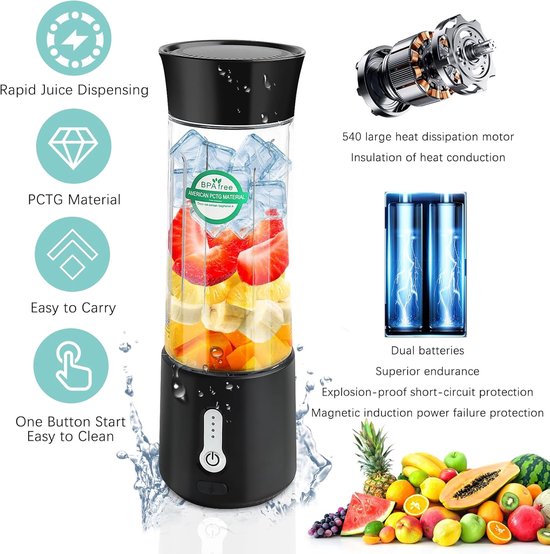 Draagbare Mixer - Smoothie Maker - Snelle Drankjes Maken - 6 RVS Messen - 500ml Capaciteit - Zwart — afbeelding 5