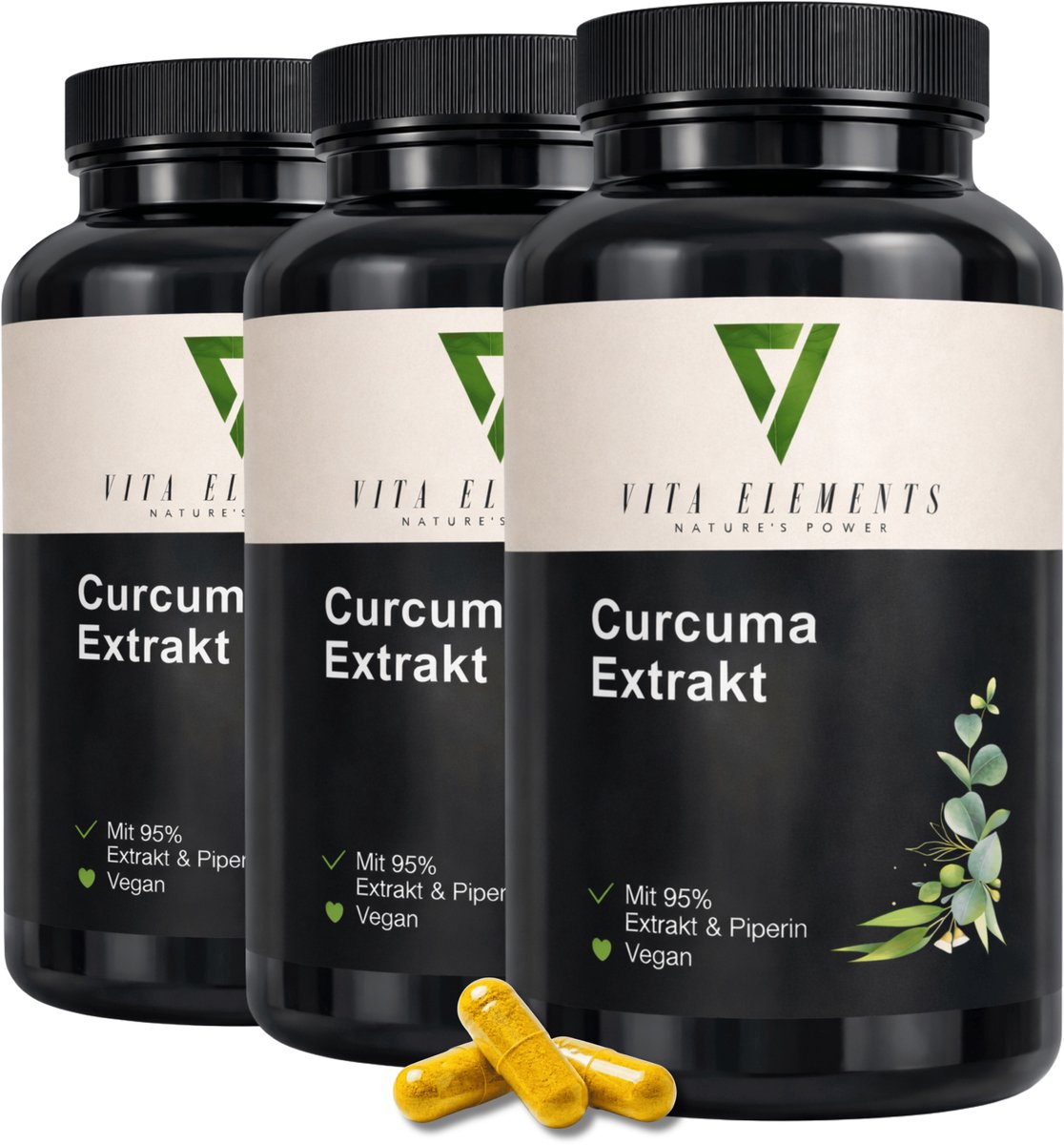 Vita Elements Kurkuma Extract Capsules met Curcumine en Zwarte Peper - Biologisch - GGO-vrij - 90 Capsules - Voedingssupplement voor Gewrichten Set van 3