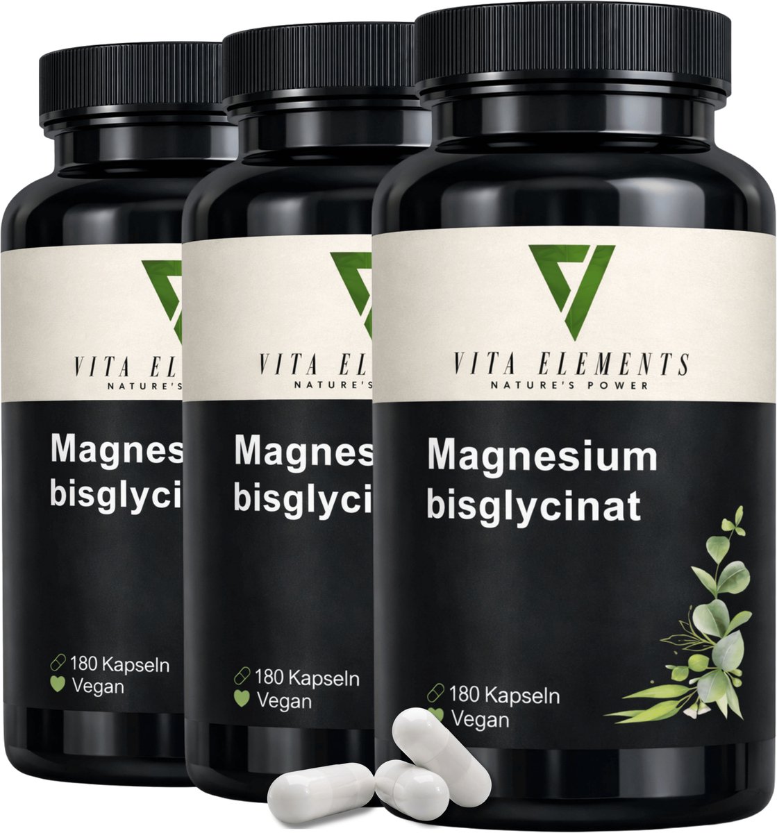 Vita Elements Magnesium Bisglycinaat Capsules - 300 mg Magnesium per Dagdosis - Beter Opneembaar - Veganistisch - GGO-vrij - 180 Capsules voor Spieren Set van 3