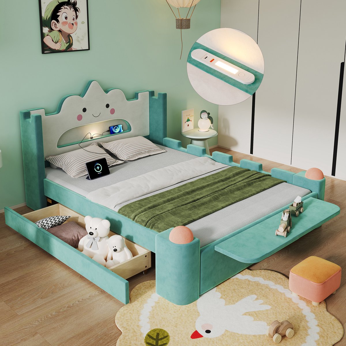 Gestoffeerd bed 140 x 200 cm - Met opbergruimte - Met veiligheidsrail - LED-verlichting - USB-aansluiting - Blauw/Groen