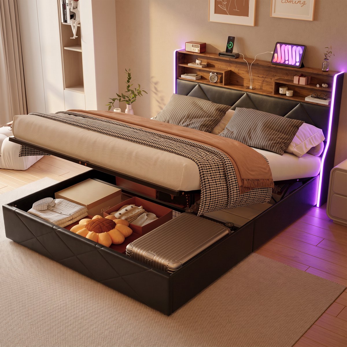 Opbergbed 140x200 cm met ledverlichting en USB-poort, gestoffeerd Tweepersoonsbed met hoofdbord, bedframe 140x200 met opbergruimte en lattenbodem, PU-materiaal, Zwart