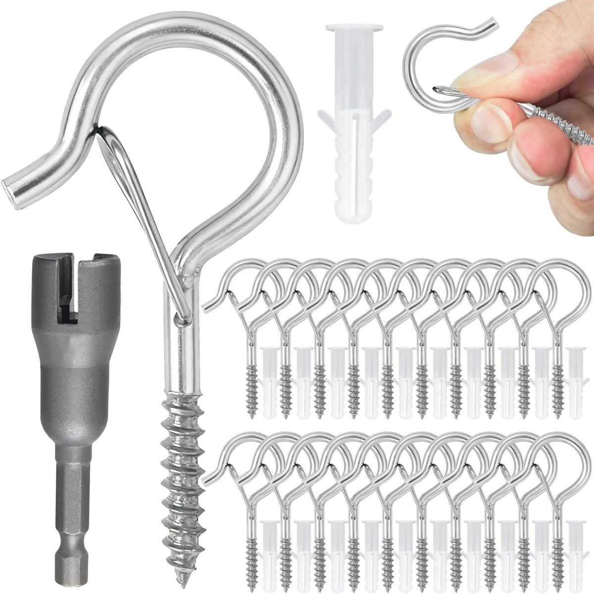 Haken, wandhaken met veiligheidsluiting voor lichtslingers, planten, vogelvoederhuizen, kopjes, buitenlichten, hek, plafond (zilver)