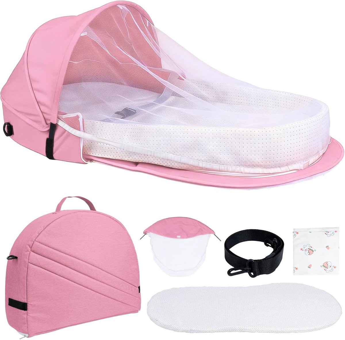 Opvouwbaar babynest met muggennet en draagriem, licht draagbaar voor onderweg, zachte schuimmatras en katoenen deken, comfort en geborgenheid voor pasgeborenen, roze