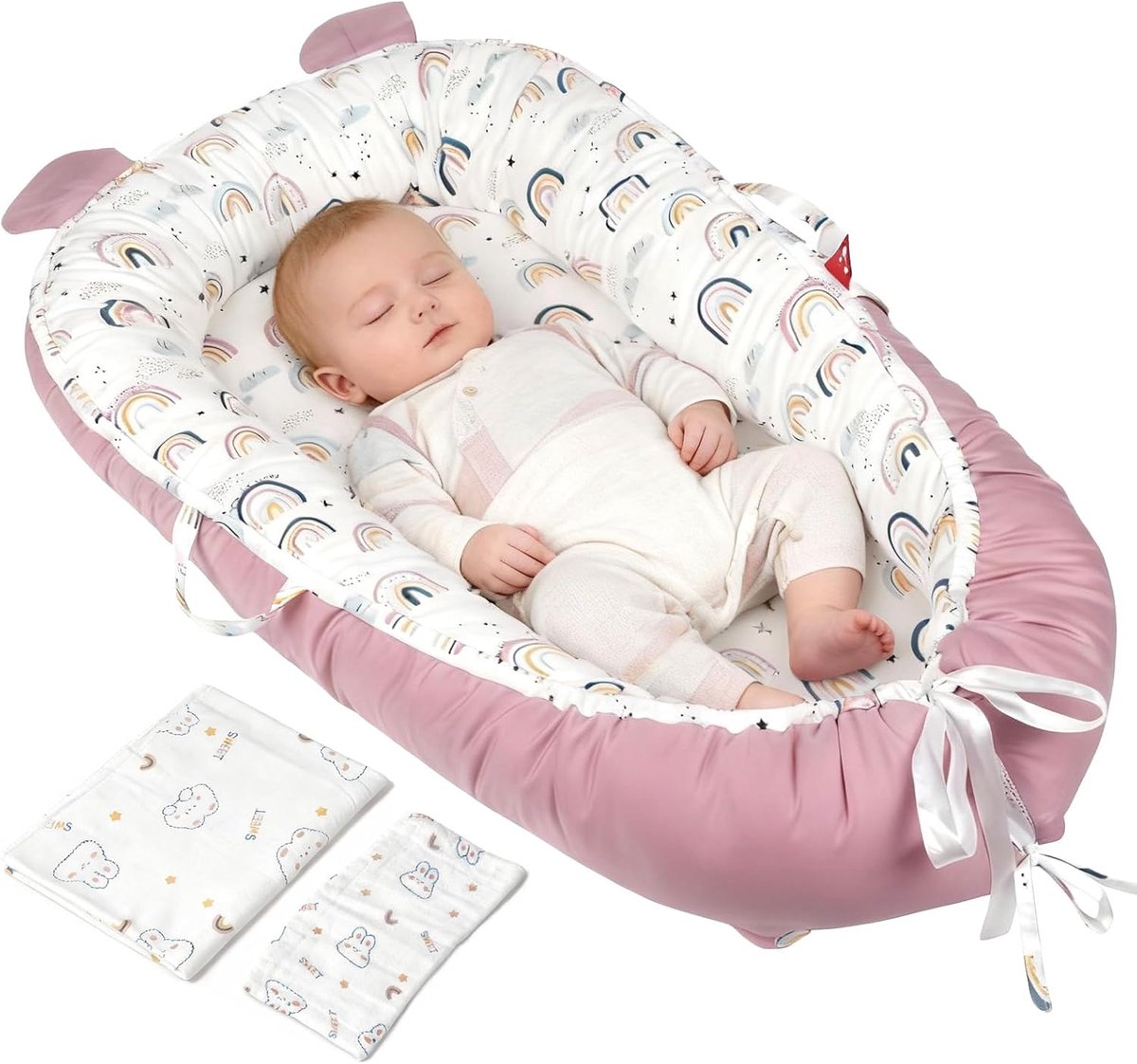 Babynestje voor pasgeborenen, 95 x 50 x 15 cm, babynestje voor pasgeborenen met draaggreep, deken en spuugdoek, katoen, tweezijdig ontwerp, afneembare babynestjesset, roze regenboog