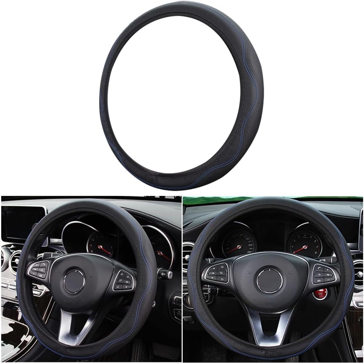 Stuurhoes voor auto, stuurhoes van microvezel-leer, antislip stuurhoes, ademend, duurzaam, universele bescherming voor autowielen (zwart-blauw)
