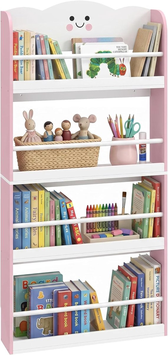 Boekenkast kinderen wandrek met 4 etages 60 x 15 x 120 cm roze | Suikerspin design, speelgoedrek kinderkamerrek, voor boeken, speelgoed, meisjeskamer rek