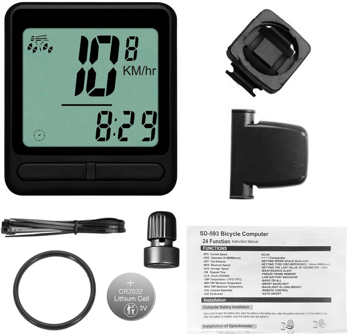 Fietscomputer, snelheidsmeter, 24 functies, waterdicht, met automatische slaap- en wekmodus, achterlicht voor mountainbike en racefiets, ABS-materiaal, 4,5 x 4 x 1,5 cm