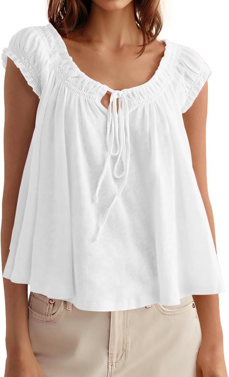 Tankaneo Dames babydoll plissé tank tops met vetersluiting cap mouw casual T-shirts zomer losse tees