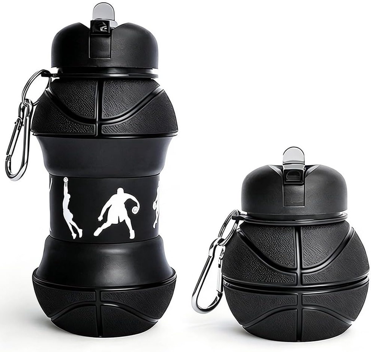 siliconen drinkfles, 550 ml Basketbal drinkfles met karabijnhaak, drinkfles voor op reis of voor sport met rietje, ideaal voor school en sport