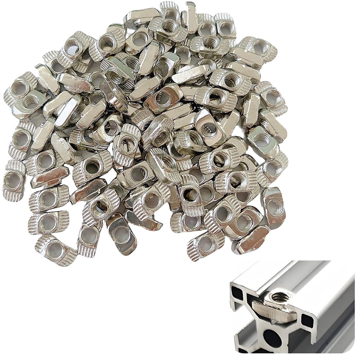 100 stuks sleufmoeren M6 groef 8 aluminium profiel 30x30 accessoires, T-groeven van koolstofstaal, vernikkeld voor verhoogde corrosiebestendigheid, voor bevestigingen en montage