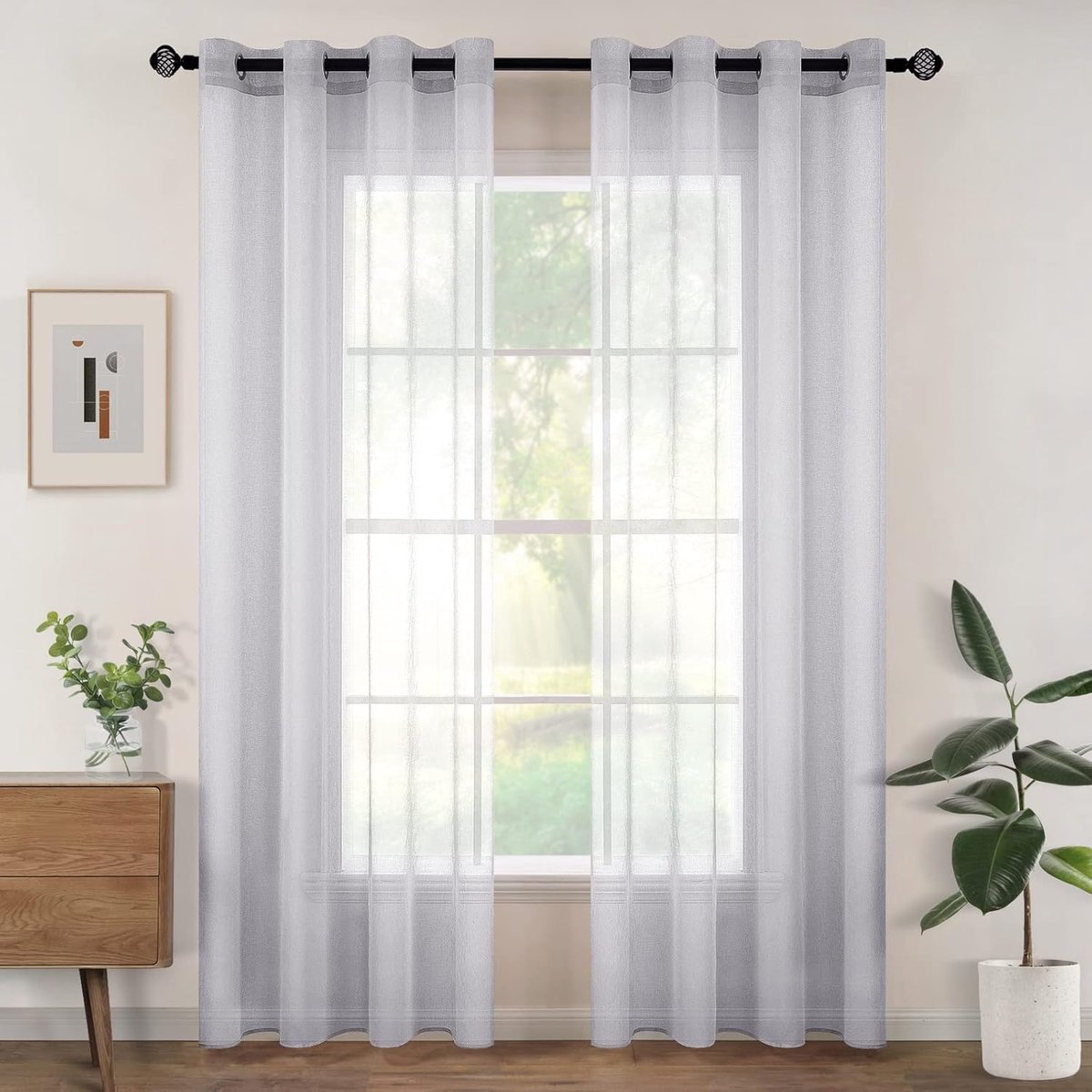Set van 2 transparante gordijnen met ringen, semi-transparante binnengordijnen voor slaapkamer, woonkamer, huis, 140x215 cm, grijs