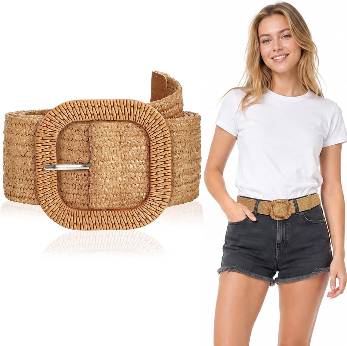 geweven elastische tailleriem voor dames, brede tailleriem rattan boho, gevlochten stroriem dames, geschikt voor meisjes, past bij jurken, broeken en jeans, D, D