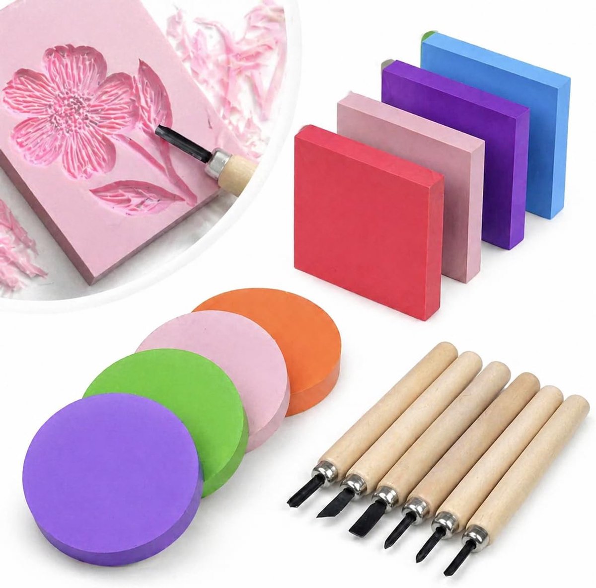 10 stuks rubberen stempels en graveerblokken 5x5x1 cm DIY linosnede set met 6 houtsnijmessen, kleurrijke vierkante en ronde stempels, rubberen graveerblokken voor scrapbooking, DIY Postzegels