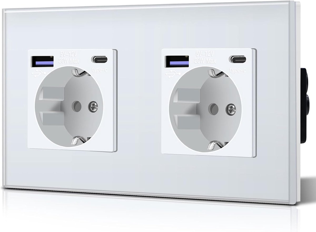 Schuko Wandstopcontact met 20 W USB & Type C snellader, glas, 3-in-1 inbouwstopcontact, laadvermogen en USB C-adapter, oplaadstation, eenvoudige installatie, wit