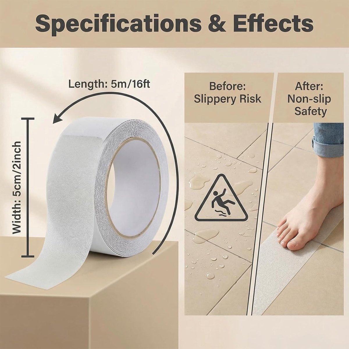 antislipband, antislip plakstrips voor trappen, traptreden en vloerbedekkingen, zelfklevend, transparant, duurzaam (5 cm x 5 m)