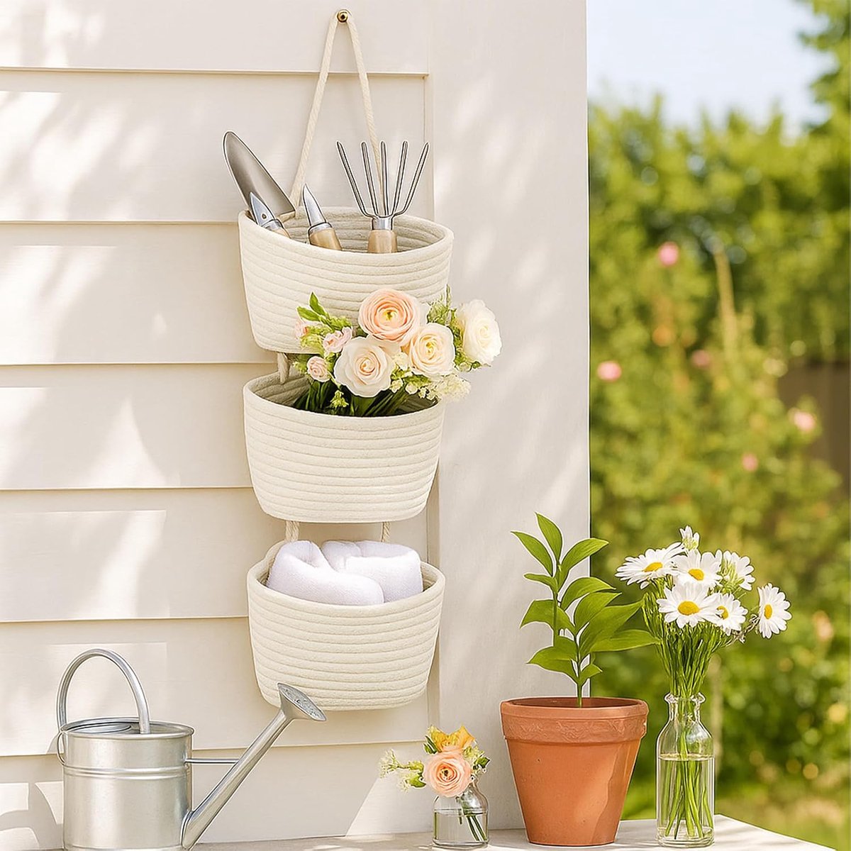 powerking Hangmand voor boven de deur, 3-laags opbergmanden voor wandmontage, katoenen touw geweven hangende organizer met haken voor kantoor, slaapkamer, kast, entree en huismuurdecoratie
