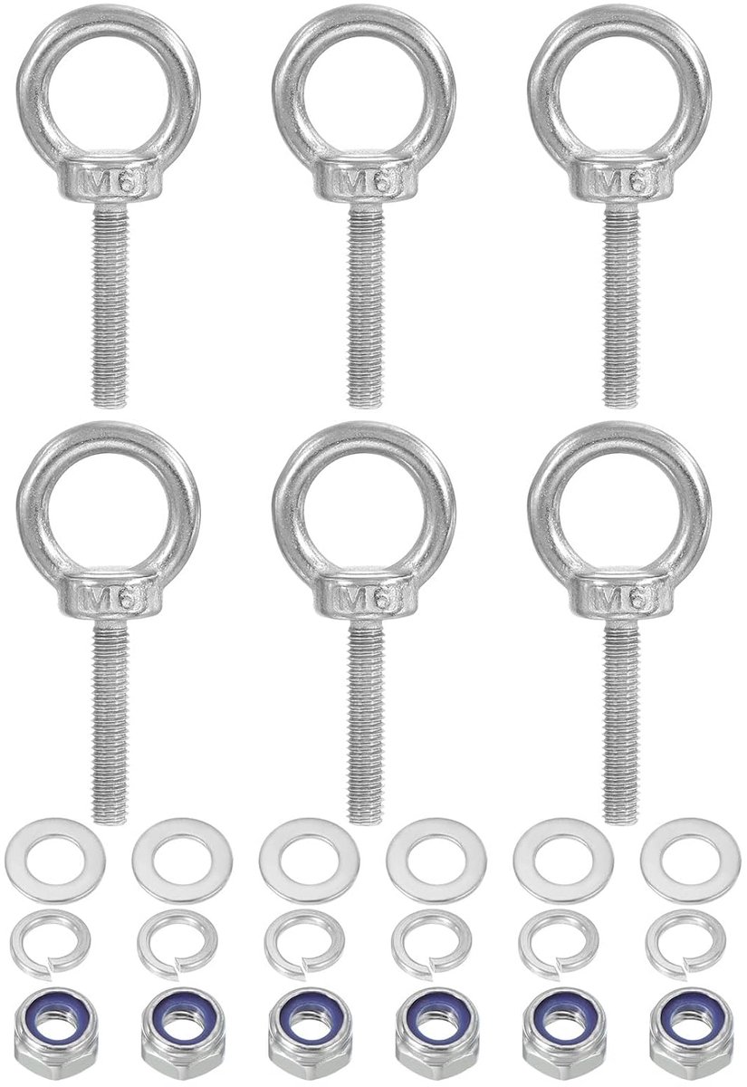 M6 x 30 mm oogschroeven met moer, verpakking van 6 stuks, 304 roestvrij staal, schroefdraadschroeven om op te hangen, zilver