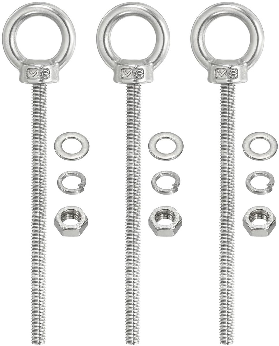 Schouder schroef M6 x 100 mm, 3 stuks schroefdraad met hefring van roestvrij staal 304, met moeren en sluitringen voor het ophangen van hangmatten en voorwerpen