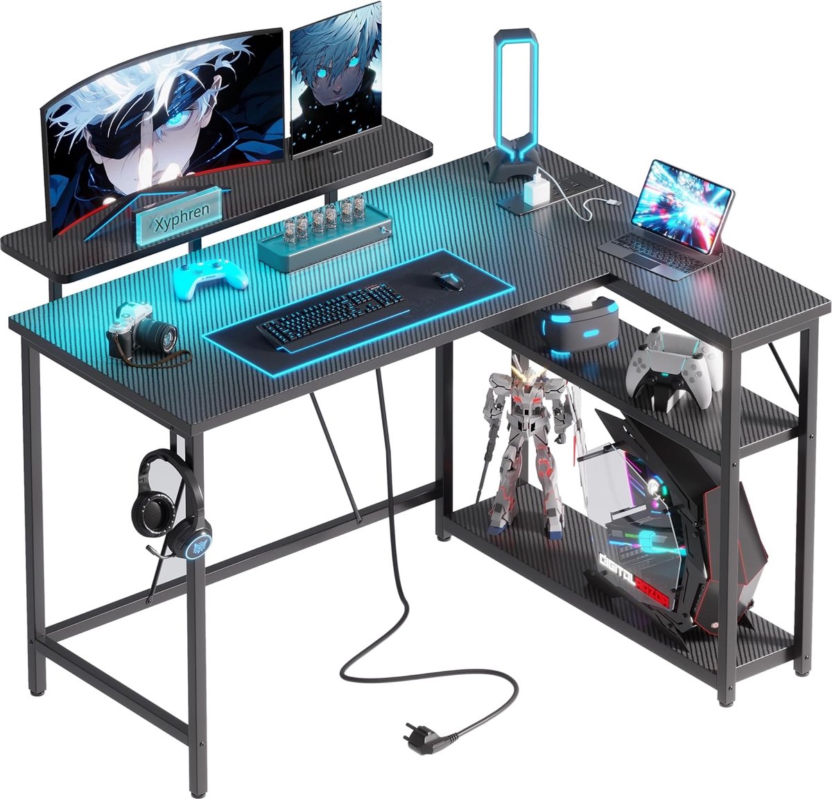 gamingtafel met RGB-ledverlichting en stopcontacten, kleine computertafel met verstelbare planken, hoekbureau voor werkstations, 100 x 80 cm, carbon-zwart