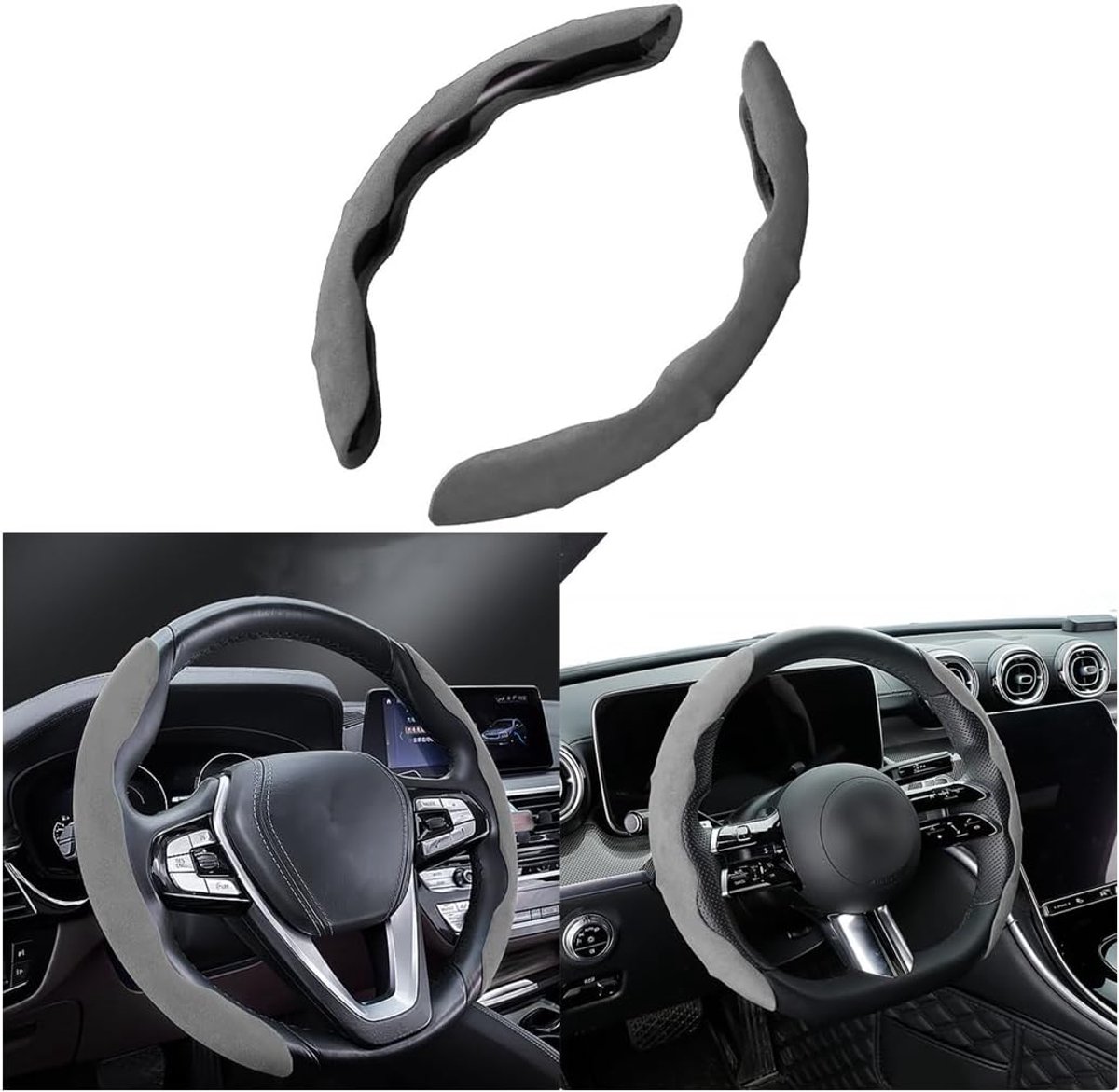 Antislip stuurhoes van suède voor auto's, geschikt voor ronde wielen, D-vorm, comfortabel en duurzaam, universele stuurhoes van suède, antislip, ademend (grijs)
