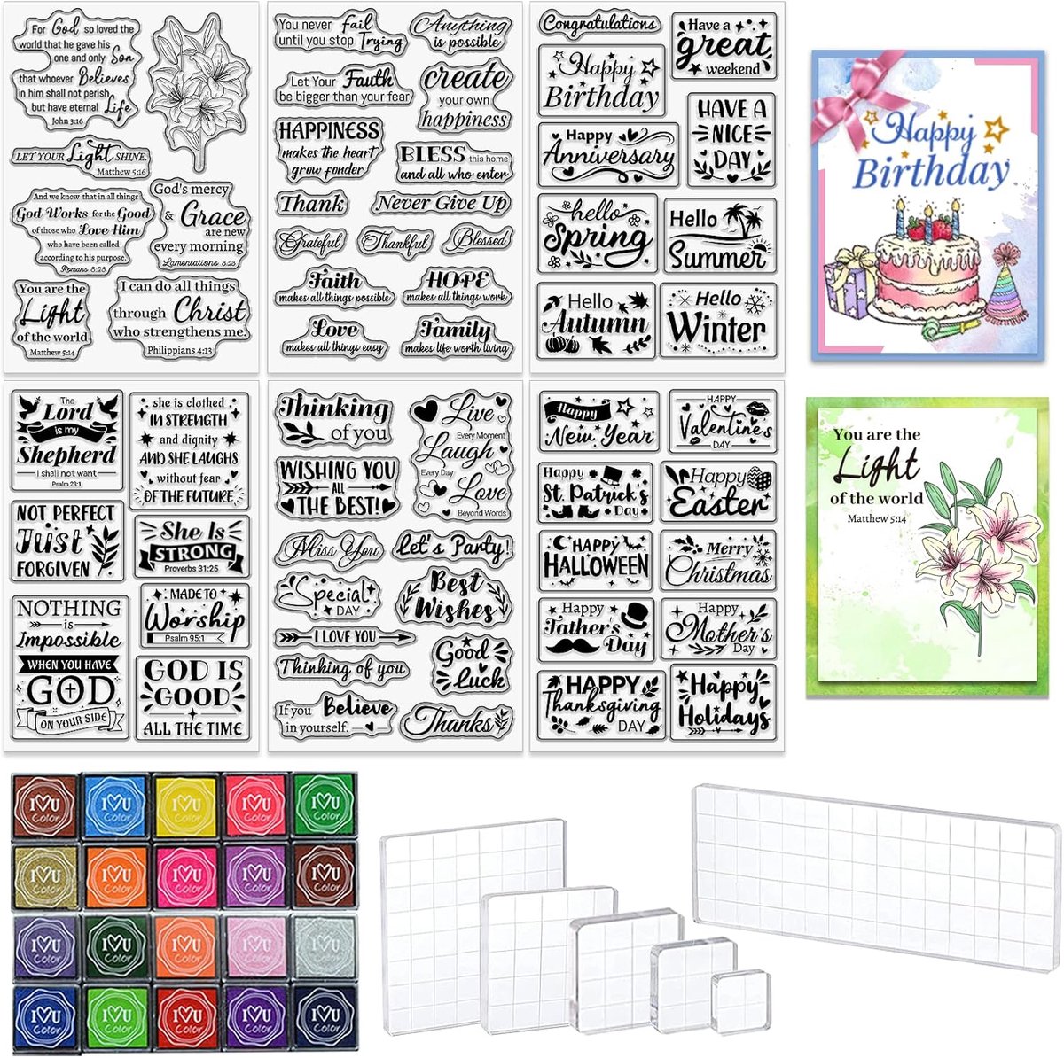 6 vellen woorden heldere stempels voor kaart maken Inclusief 20 inktpad 6 acryl stempelblok, zegening sentiment woorden siliconen stempels met bijbelvers Happy Birthday vakantie voor