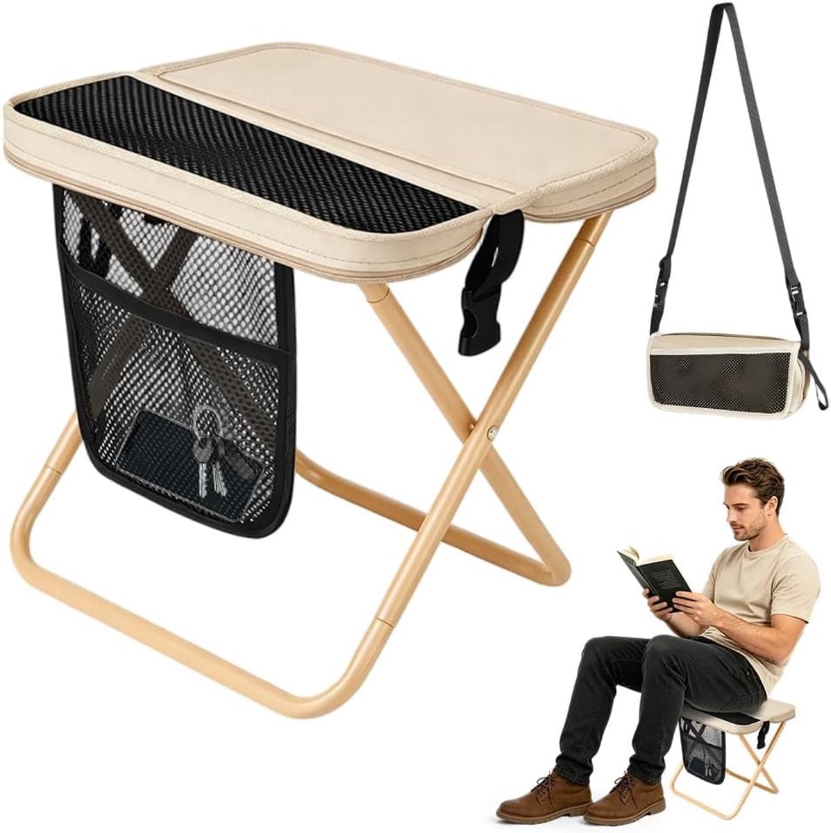 opvouwbaar, draagbare klapkruk, klein, mini outdoor camping klapstoelen, campingkruk, draagbare stoel, opvouwbaar voor reizen, wandelen, kamperen, vissen, grillen, picknick (beige