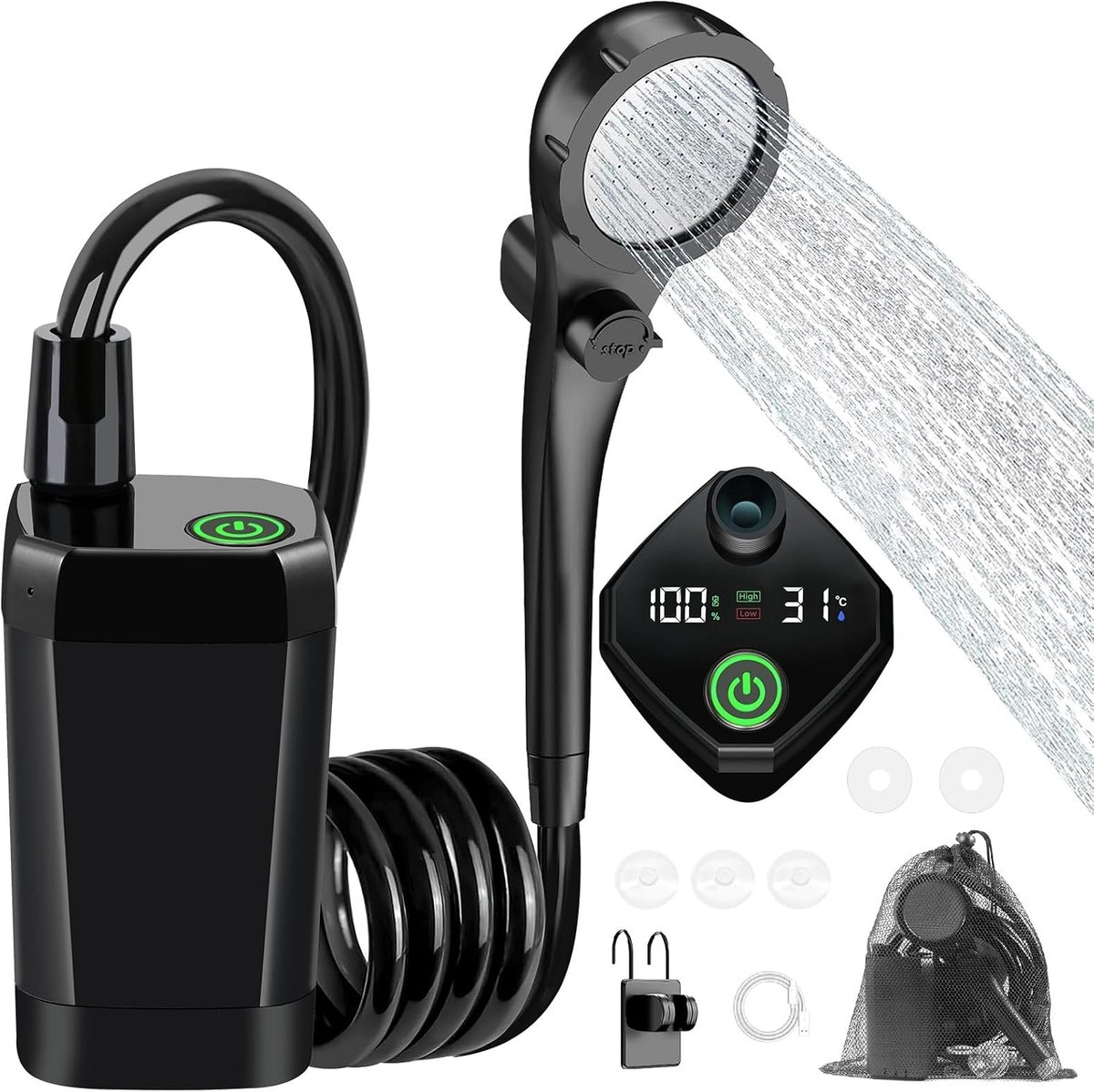 Draagbare campingdouche, 6000 mAh, met pomp, douchekop | Upgrade campingdouche, IPX7 waterdicht, voor camping, outdoor, strand