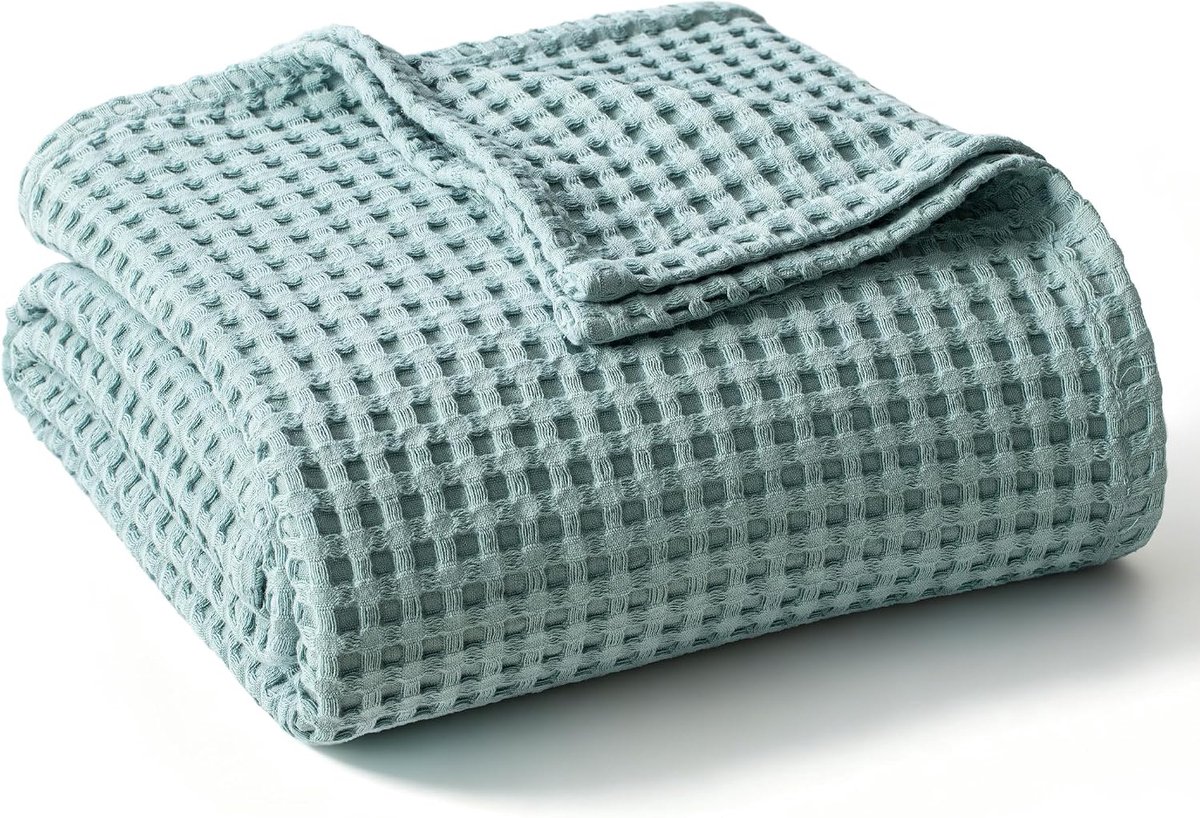 Mezcla 100% katoenen deken, sprei als bedsprei, zacht, licht en ademend katoenen deken, wafeldeken, sofadeken voor de zomer, 130 x 150 cm, grijsblauw