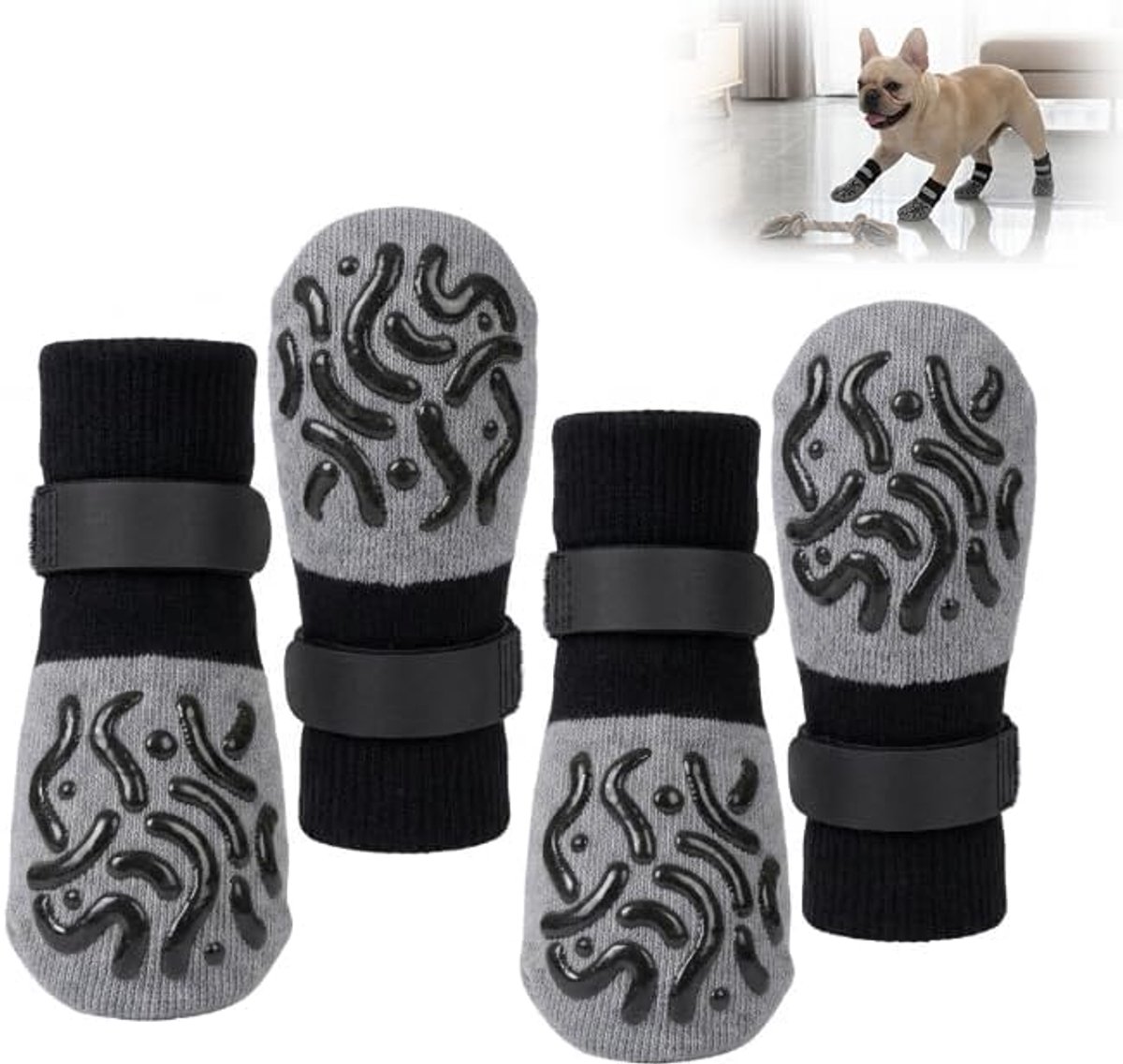 2 paar hondensokken, antislip, dubbelzijdige huisdiersokken met verstelbare riemen voor binnen, elastische pootbescherming voor honden tegen pootlekken op harde vloeren, zacht