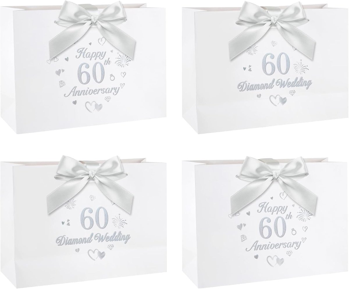 Cadeauzakjesset, zilverwit, cadeauzakje, bruiloft, diamant, met lint, cadeauzakje, 60e verjaardag, met handgrepen, 4 stuks, 30 x 21 x 10 cm, grote cadeauzakjes voor verjaardag, bruiloft