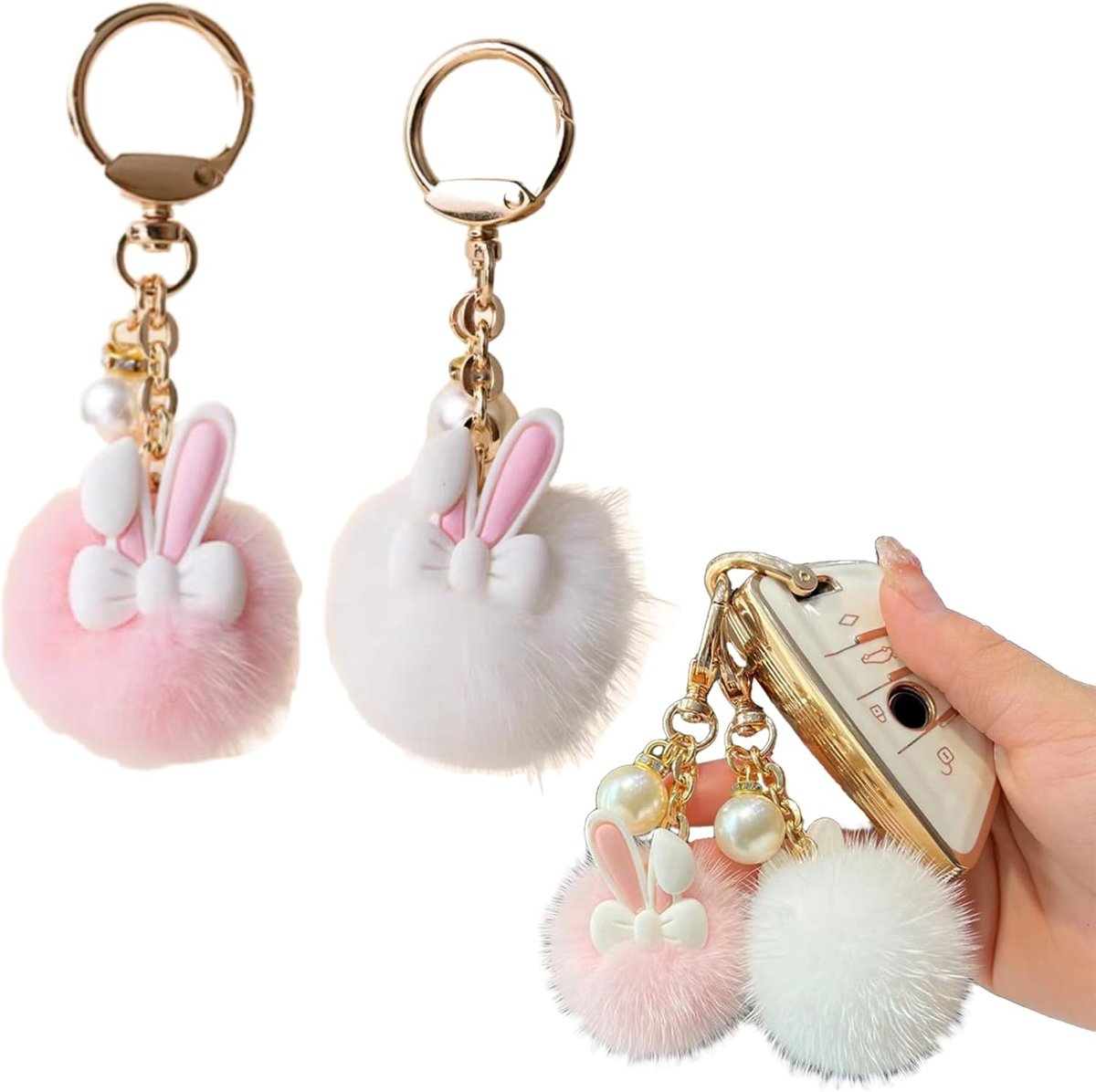 2 stuks sleutelhangers konijnen, zacht, pluizig konijn, sleutelhanger van nepbont, sleutelhanger met pompon