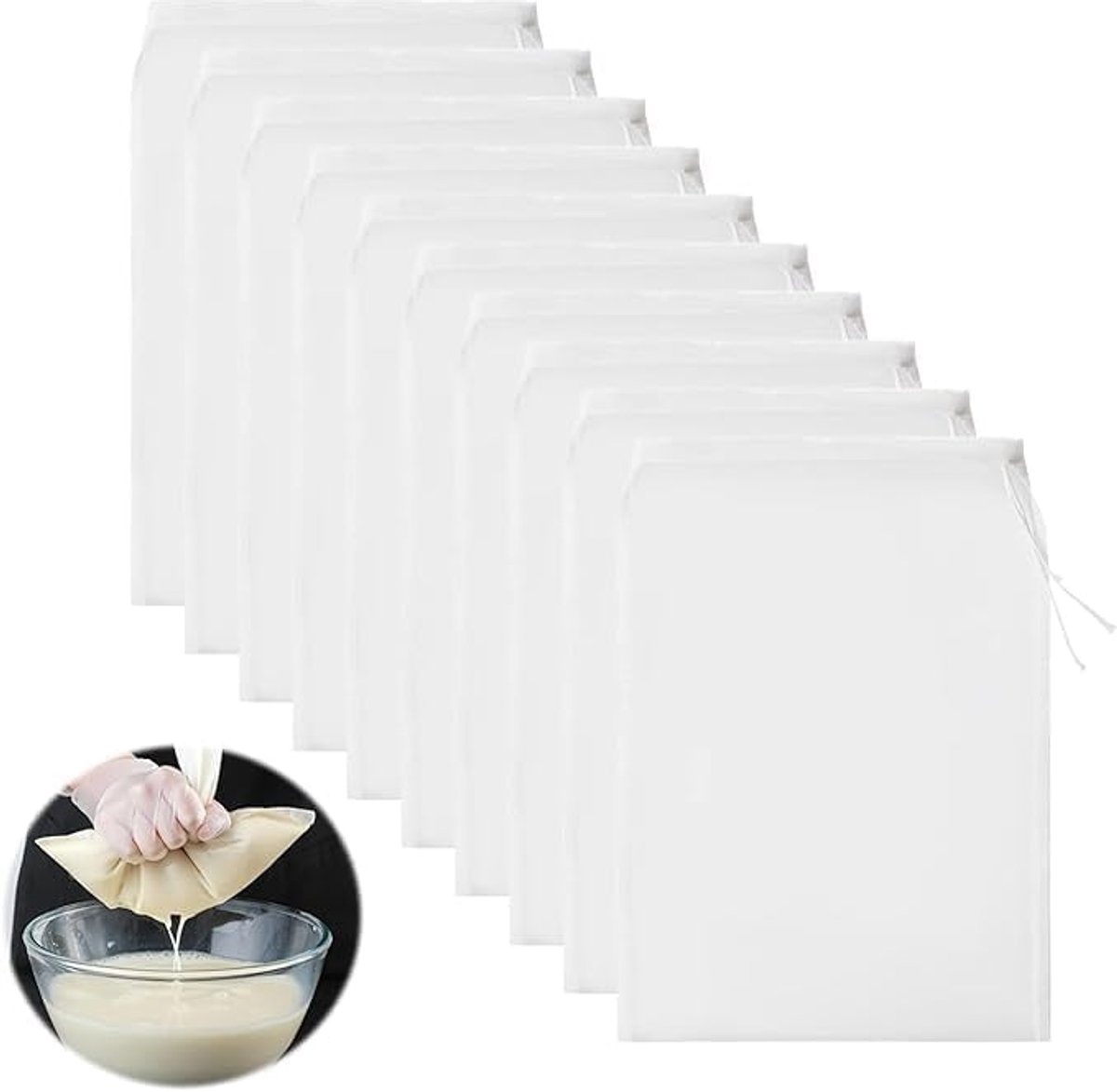 10 stuks, 20 x 30 cm, nylon, filterzakken, zeefzakken, passeerdoek, herbruikbaar, fijnmazige passeerdoek, nylon kaasdoek, wasbaar, filterzak met trekkoord voor notenmelk, kaas, koffie