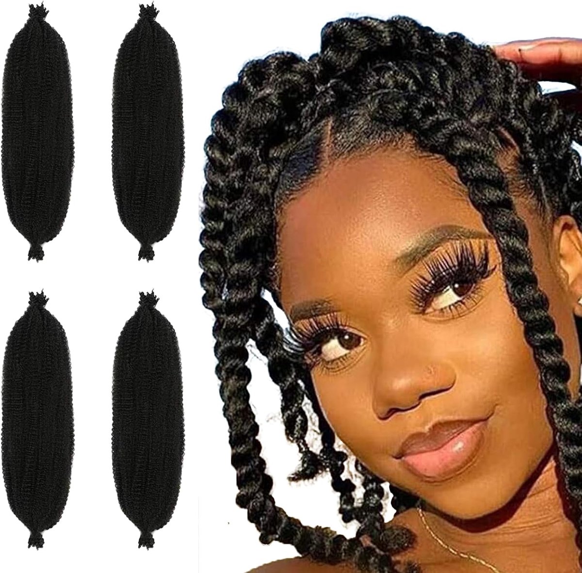 4 stuks 30,5 cm vooraf uitgerekt vlechten haarextensies, Springy Twist Hair voor Afro Marley Locs, vooruitgerekte vlechten, haarverlengingen, synthetisch