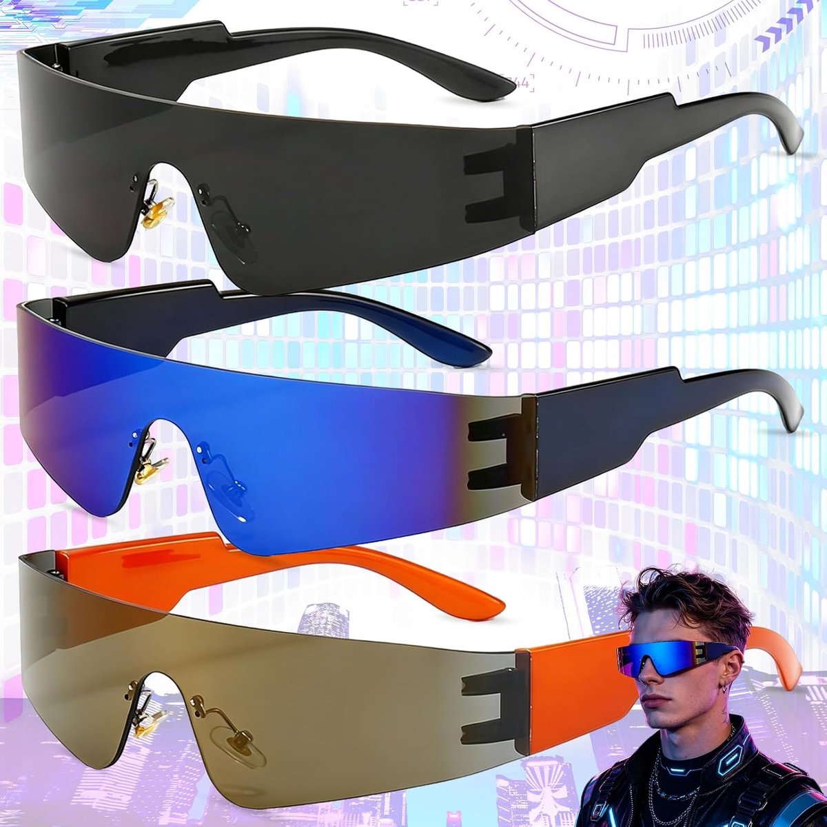 3 Stuks Futuristische Glazen Zonnebril, Glazen Koele Set, Zonnebrillen Alien -bril frame, Carnaval Punkstijlglazen met UV -bescherming, Lichtgewicht, voor Fotogeisde Rollenspel Cosplay