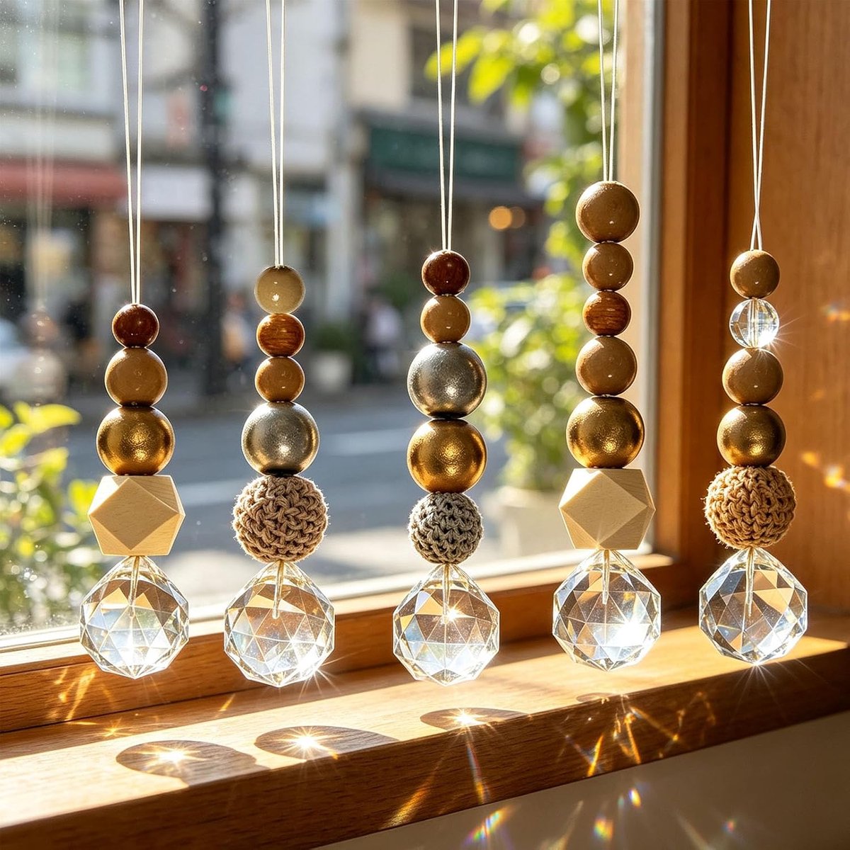 Zonnevangerset, handgemaakte houten kralen en K9 kristallen ballen, ideaal voor raamdecoratie en creatieve projecten