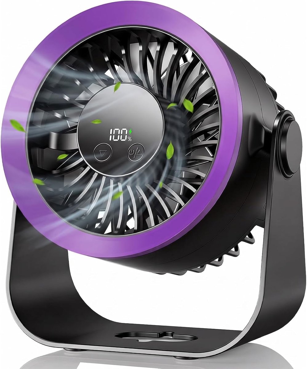 Bureauventilator, vijf ventilatorsnelheden, 180 graden rotatieinstelling, 100 standen precisie, stille USB-ventilator voor slaapkamer, kantoor, bureau (zwart en paars)