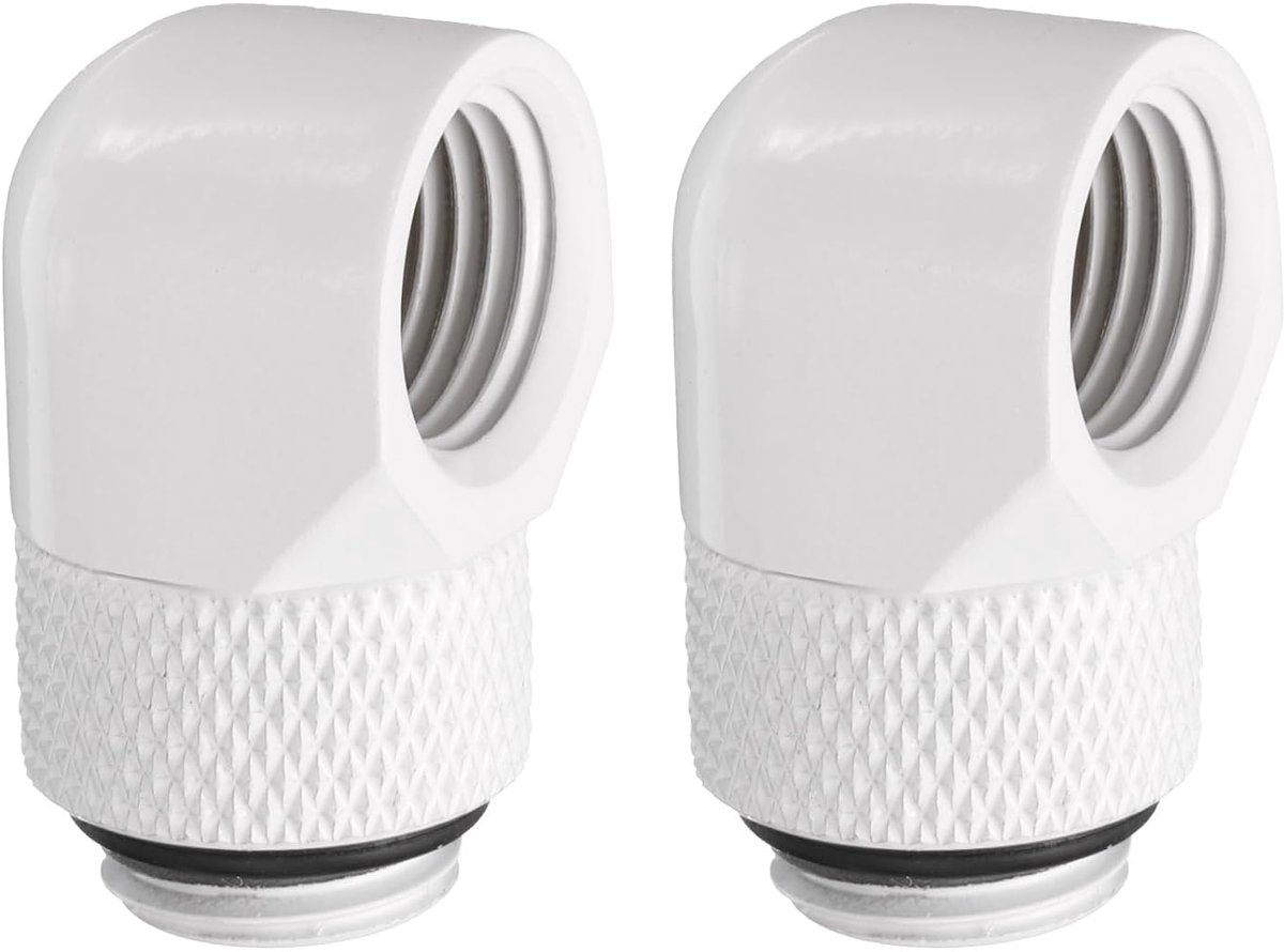2 stuks 90 graden hoek waterkoelingsadapter G1/4" schroefdraad mannelijk naar vrouwelijk compressieaansluitfitting koperen verlenging voor computer-pc-waterkoelsysteem, wit
