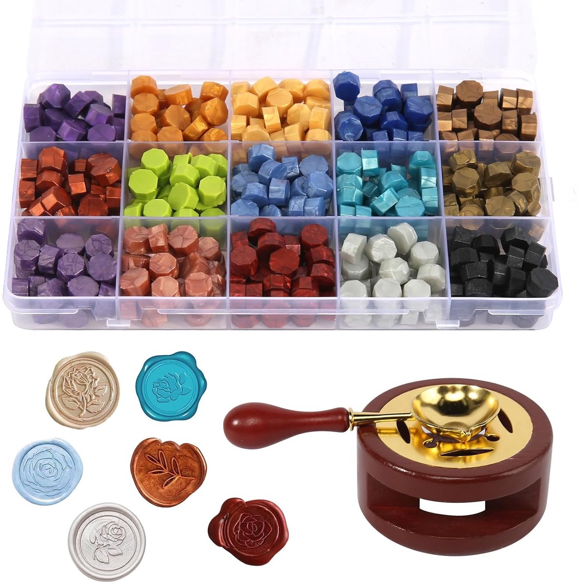 15 kleuren, 375 stuks zegelwasparels, set met verwarmer en wassmeltlepel, waszegelstempelset voor uitnodigingen, kaarten, enveloppen, geschenkverpakkingen